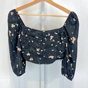 WILFRED Aritzia Lolita Floral Crop Blouse 3/4 Sleeve Ruched Top Black XS
